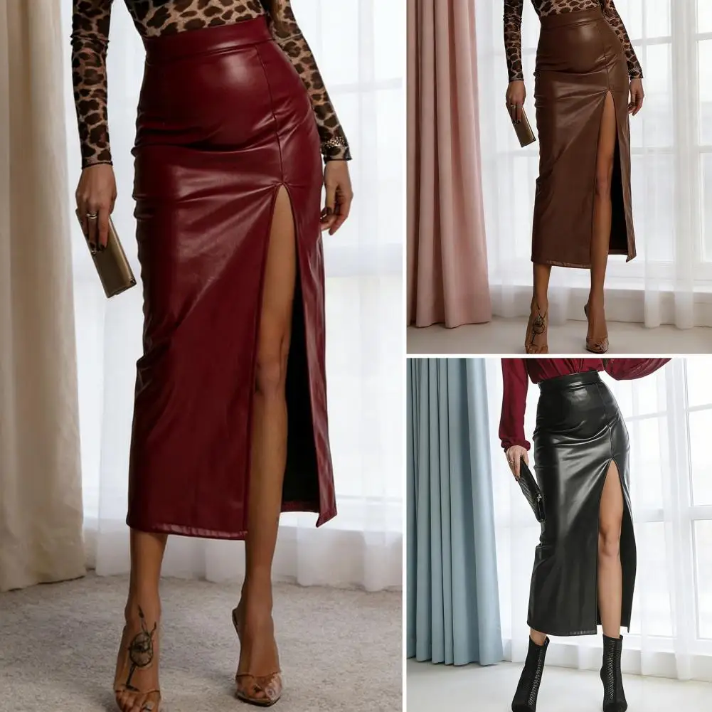 

Юбка миди из искусственной кожи для женщин, с высокой талией, с разрезом, для офиса, работы и повседневной носки