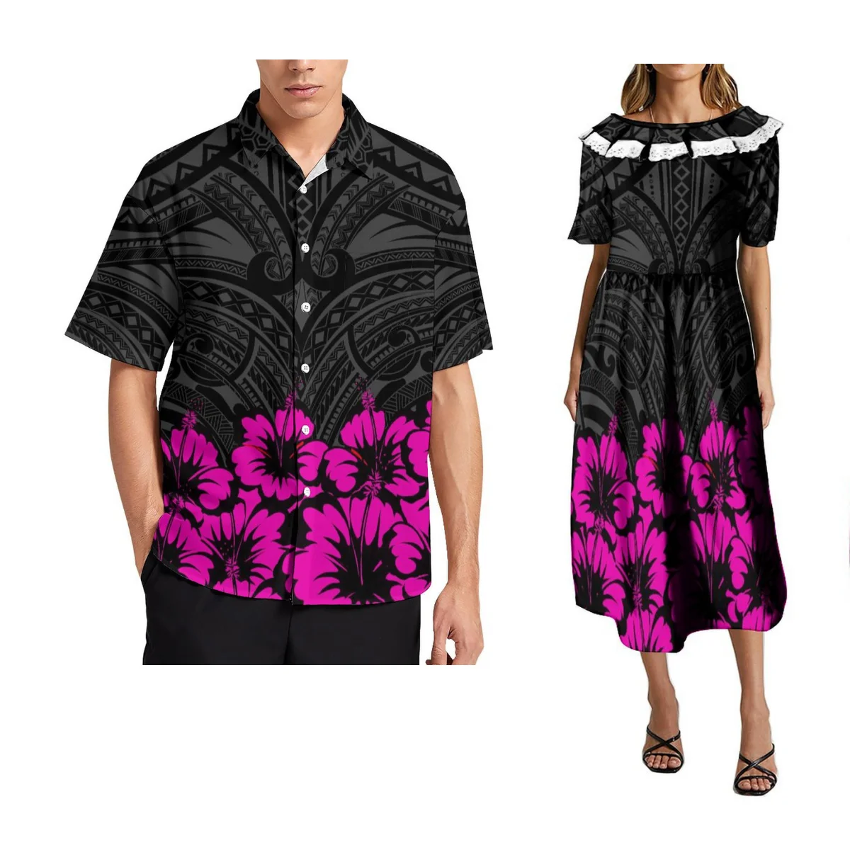 Samoa Green Casual Couple Clothing Island Men Loose Shirt Hawaii Women Long Dress Cute Ruffle Mumu Polynesian Design