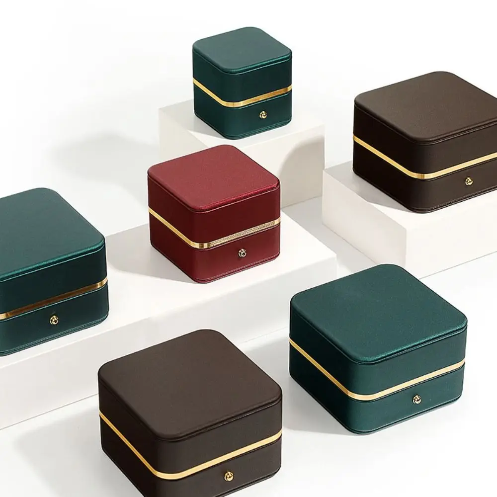 PU Leather Square Ring Box Durable Elegant Velvet Interior Ring Display Boxes Gold Trim Jewelry Packaging Engagement