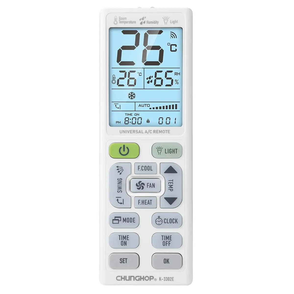 CHUNGHOP K-3302E Universele Airco-afstandsbediening met zaklamp en LCD-achtergrondverlichting
