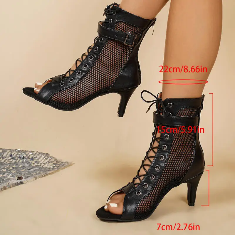 Sexy Black Fishnet High Heel Sandals Women 2026 Summer Cross Strap Metal Buckle Peep Toe Sandals Woman's Jazz Pole Dance Shoes