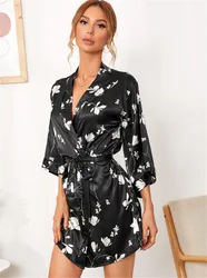 Summer Women's Imitation Silk  Black Printed Robe Bathrobe Home Clothes