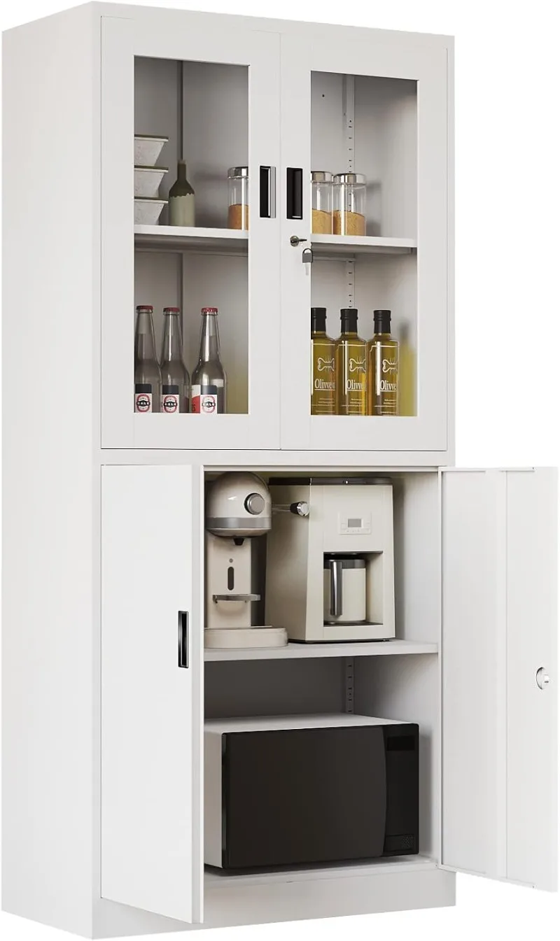 

Metal Storage Cabinet with Glass Doors - 71" Locking Display Cabinet with 2 Adjustable Shelves, 4-Tier Tall Steel Locker