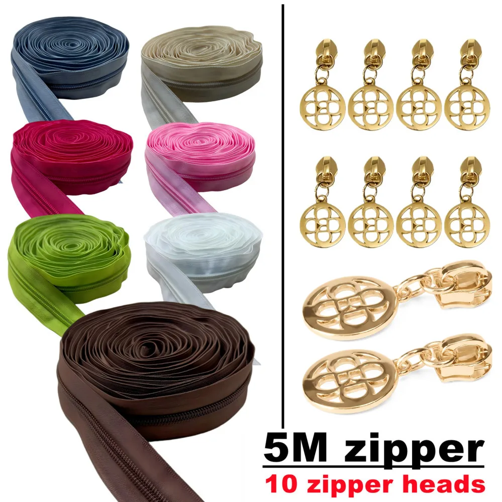 5# Nylon Zippers Rolls Packing 5meters with 10pieces Zipper Sliders For Sewing Accessories Bags Tent Suitcase DIY decoration