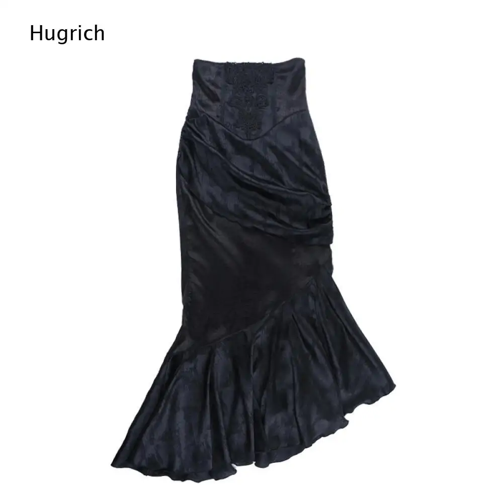 Women Vintage Victorian Gothic Maxi Skirt High Waist Ruched Asymmetric Mermaid Hem Slim Fit Long Skirt Noble Evening Party wear