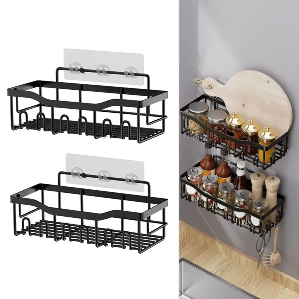 

2pcs Wall Mounted Bathroom Shelf No Drill Shower Shelf Kitchen Storage Organizer Shampoo Rack Makeup Storage Baskets Organizer