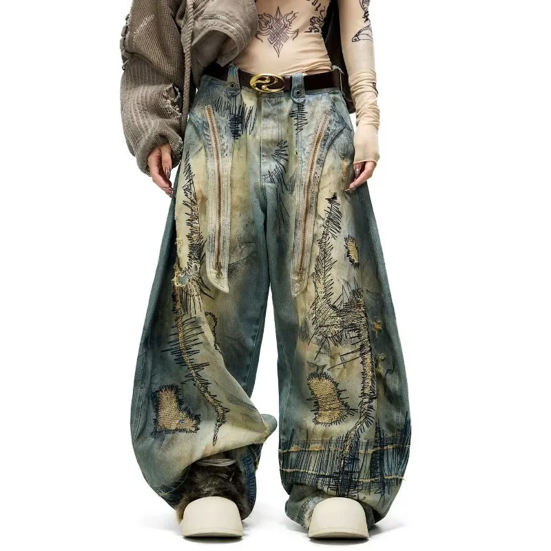 

Американские модные джинсовые брюки для тяжелой промышленности Y2K в стиле ретро, грязная игольная вышивка, свободные повседневные широкие джинсы с высокой талией