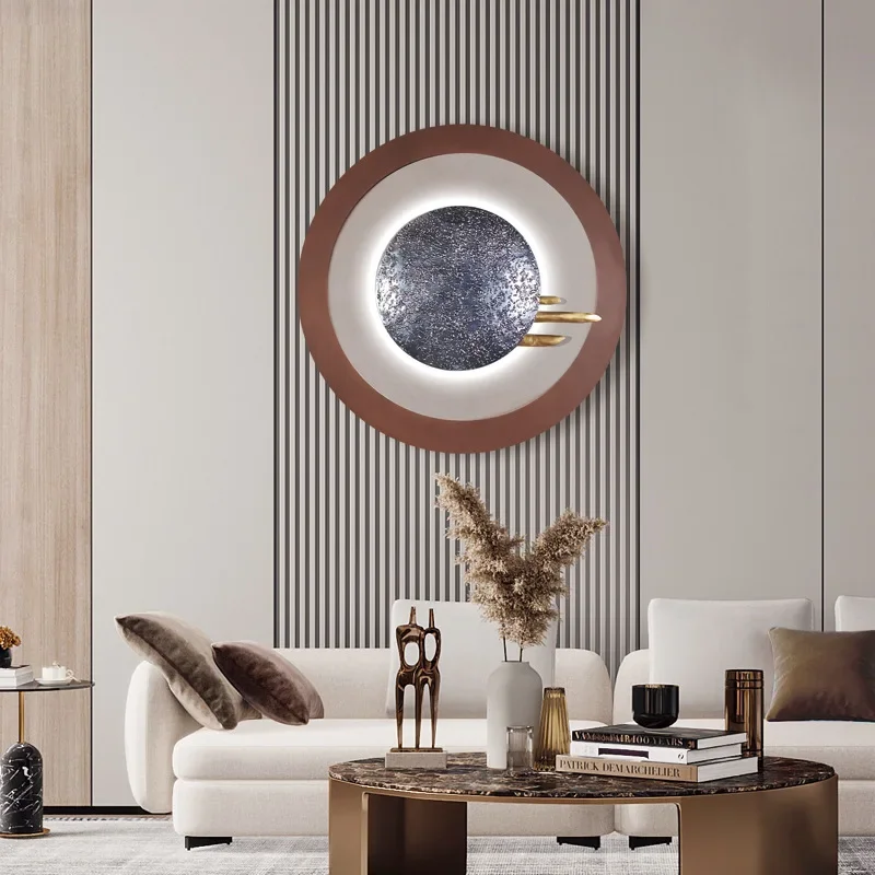 Wrought Iron Wall Hanging with Lamp Luminous Round Tea Room Living Room Zen Wall Decoration Ornaments Crafts