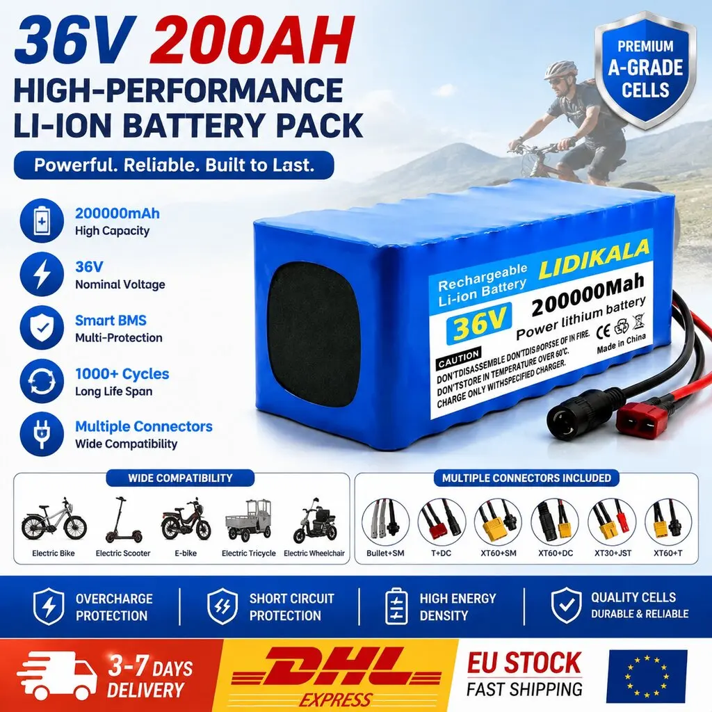 Nuovo aggiornamento 2026: pacco batterie agli ioni di litio 10S4P 36V 200Ah 18650 con protezione BMS integrata, batteria ricaricabile ad alta potenza per scooter elettrici da 500W, e-bike e veicoli