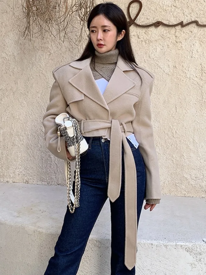 

Chic Retro Lapel ort Woolen Jaet Women's Casual Sle Belted Waist Slimming Coat Long Sve High Waist Commute Faion