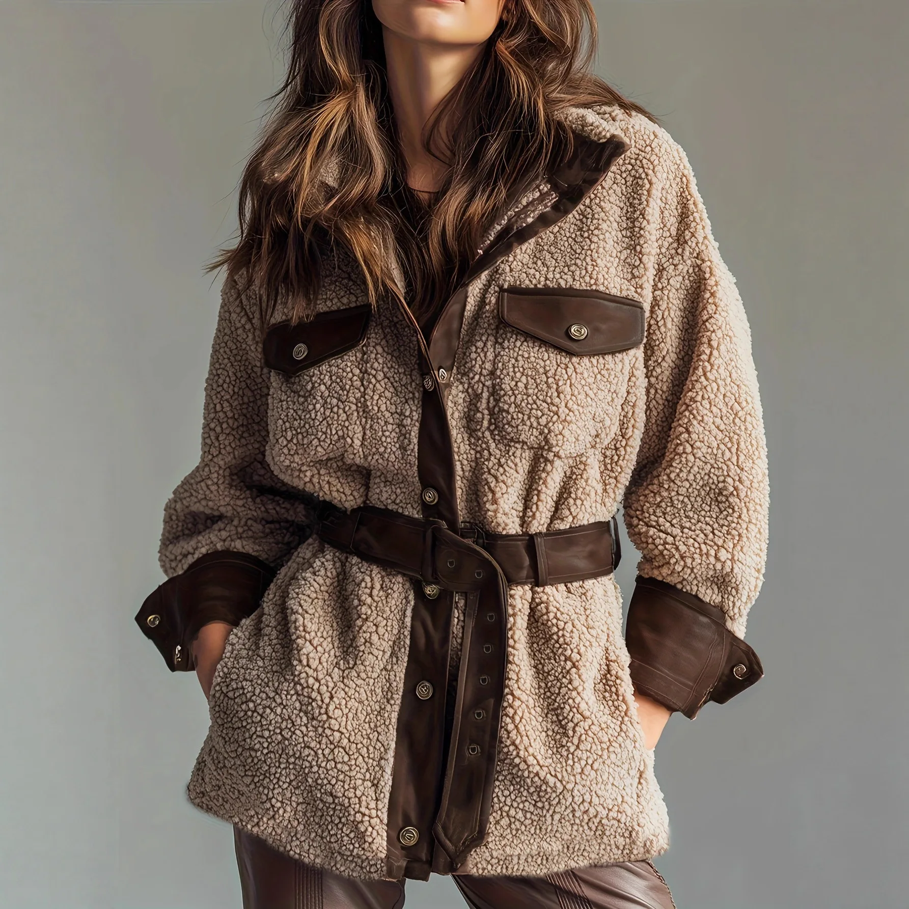 

2025 Autumn Winter New Thickened Lamb Wool Women Warm Coat Fashion Splicing PU Leather Pocket Female Retro Casual Coats