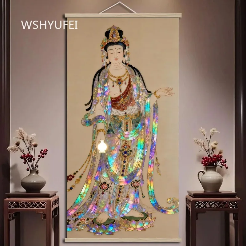 Chinese Style Buddhist Guanyin Wall Scroll with Shell Inlay Style Rainbow Finish Zen Hanging Art for Home Altar Decor