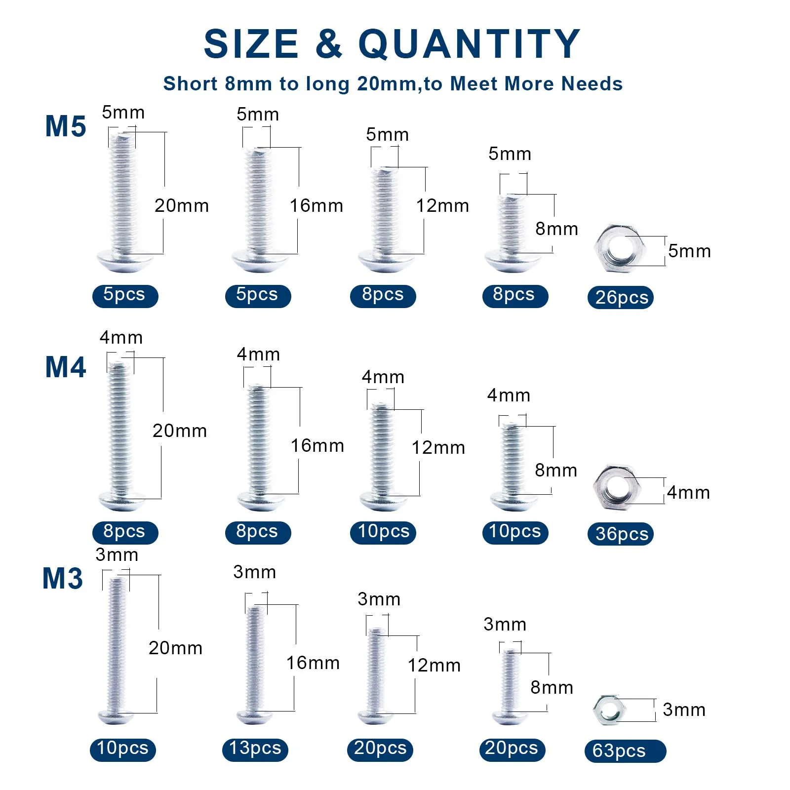 250 Pcs Machine Screw Assortment Kit, M3 M4 M5 Metric Bolts and Nuts Kit  Hex Button Head 304 Stainless Steel Screw Kit