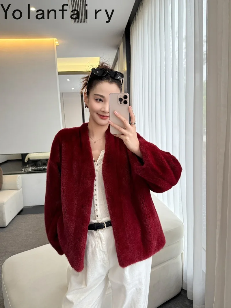 YOLANFAIRY 2026 Winter Red Whole Natural Mink Fur Coat Women Premium Grade Velvet Mink Jacket 62 cm Simple Youth Style Outerwear