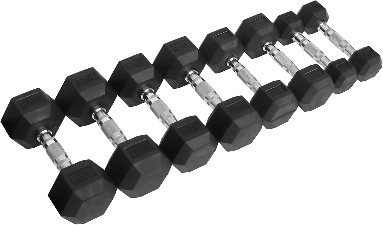 Rubber Encased Hex Dumbbell, Set Including 5, 10, 15, 20LB Pairs, No Roll Head, Encased Dumbbells For Home Gym