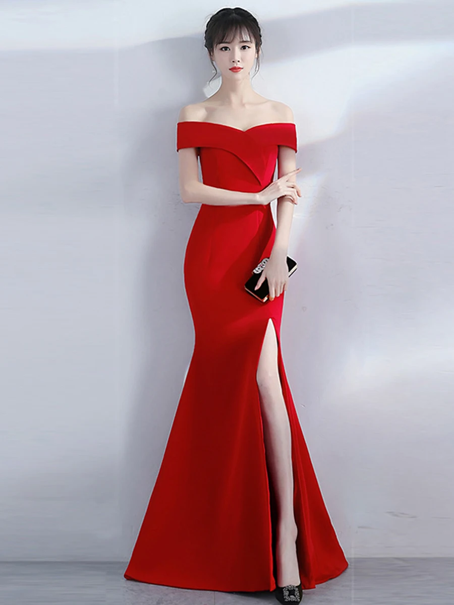 

Elegant High-Waist Long Evening Gown with Fish-Tail Skirt Open Split One-Shoulder Hostess Dress Sexy Body-Con Cotton Dress