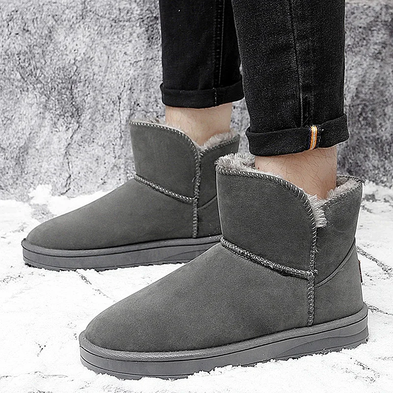 Botas de neve de pelúcia masculina, cano curto, raso, casual, confortável, quente, inverno, venda quente, moda