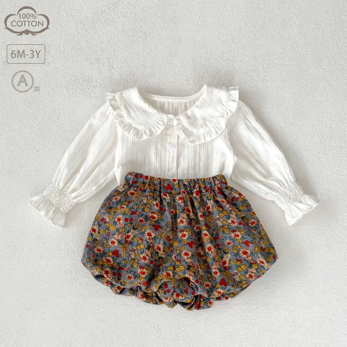 Autumn 2025 Children's Baby Shirt Cardigan Top Flower Bud Double Floral Trousers 2-Piece Set