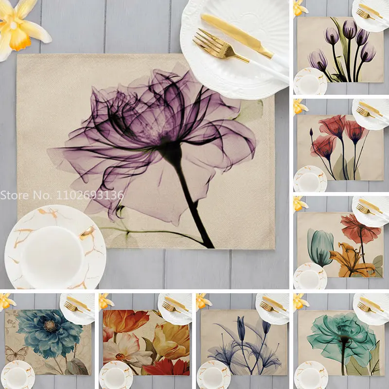 Ink Floral Pattern Kitchen Placemat 40X30cm Cotton Linen Dining Table Mat Rainbow Color Leave Plant Coaster Pad Non-slip Mats