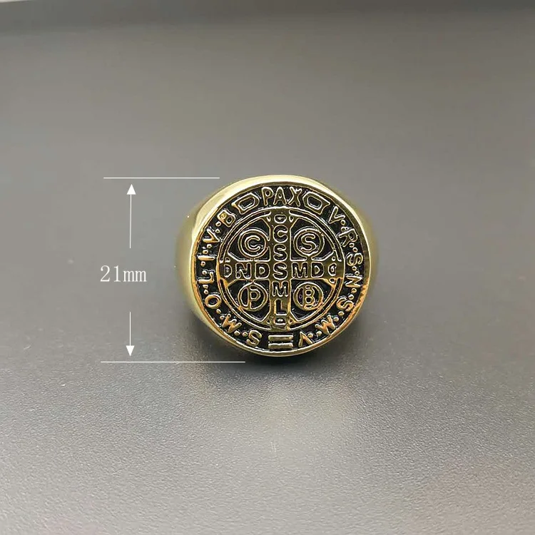 Catholic Patron Saint St Benedict of Nursia Holy Medal Cross Ring 316L Stainless Steel Mens Jewelry VRSNSMV SMQLIVB NDSMD CSSML