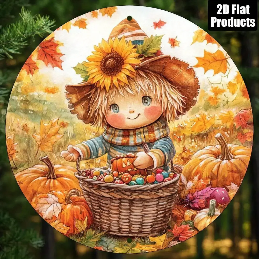 2D Flat, 2D Flat Vintage Country Farmhouse Metal Wall Decor - Scarecrow & Pumpkin Plaque with Sunflowers, Corn Stalks, and Autum