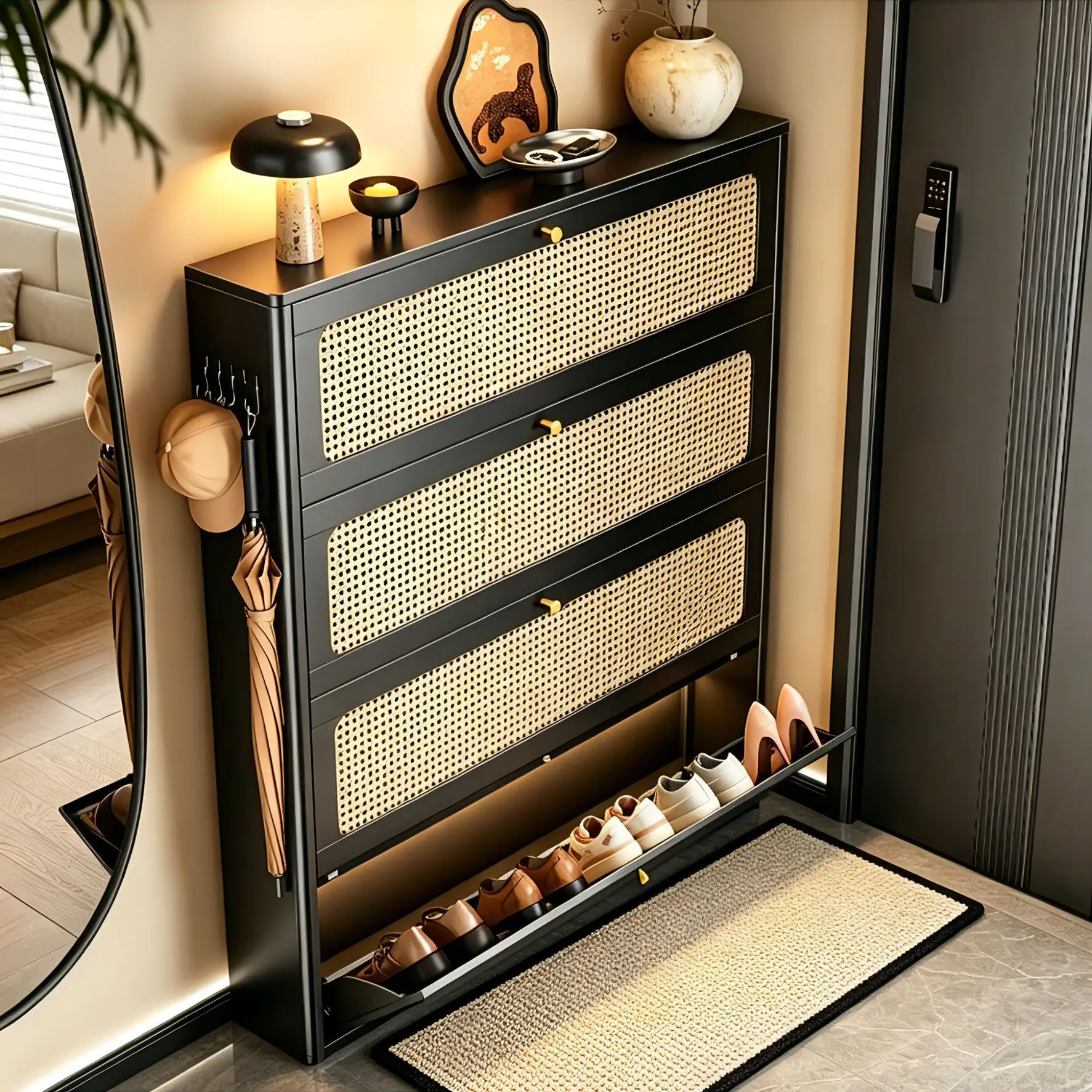 Tipping bucket shoe cabinet, narrow slot steel storage cabinet at  entrance of the household,  the wall to store the artifact