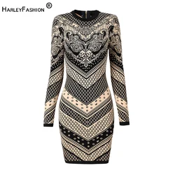 2024 Spring Autumn Vintage Pattern Women Slim Fitness European Design Retro Lady Knitting Dress with Pads