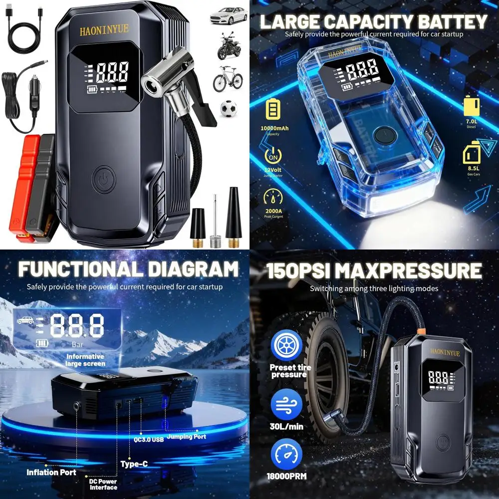 

Jump Starter with Air Compressor, 3000A Peak Car Battery Jump Starter(9.0 Gas/6.5L Diesel), 150PSI 12V Jump Box Car Battery Jump