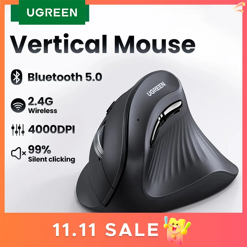 

UGREEN Vertical Mouse Wireless Bluetooth5.0 2.4G Ergonomic 4000DPI 6 Mute Buttons for MacBook Tablet Laptops Computer PC Mice