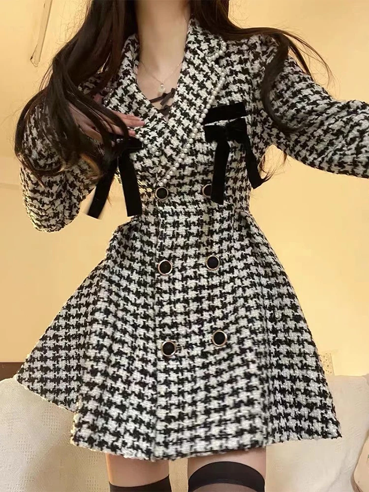 Plaid Vintage Kawaii Dress Women Patchwork Elegant Party Mini Dress Female Korean Fashion Y2k One Piece Dress 2023 Autumn