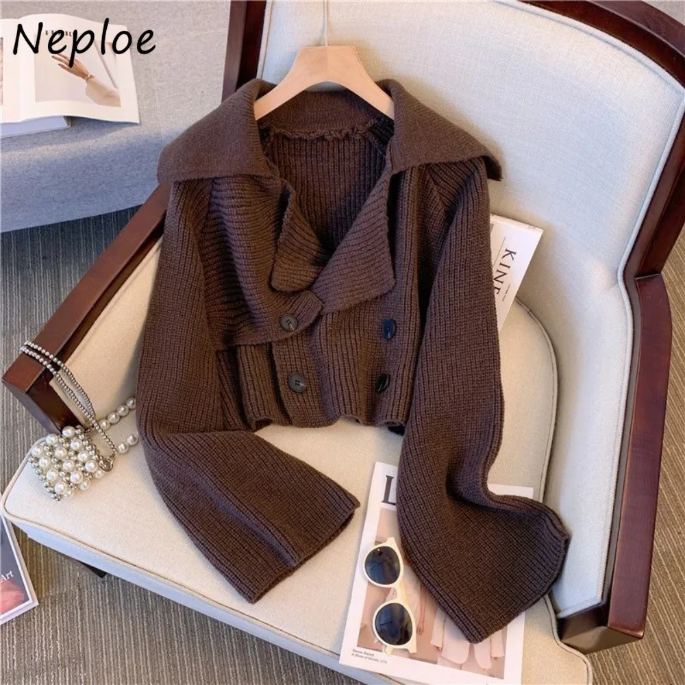 

Neploe New French Style Lazy Casual Jumper Unique Turn-down Collar Short Knit Sweaters Korea Chic Moda All-match Sweet Cardigan