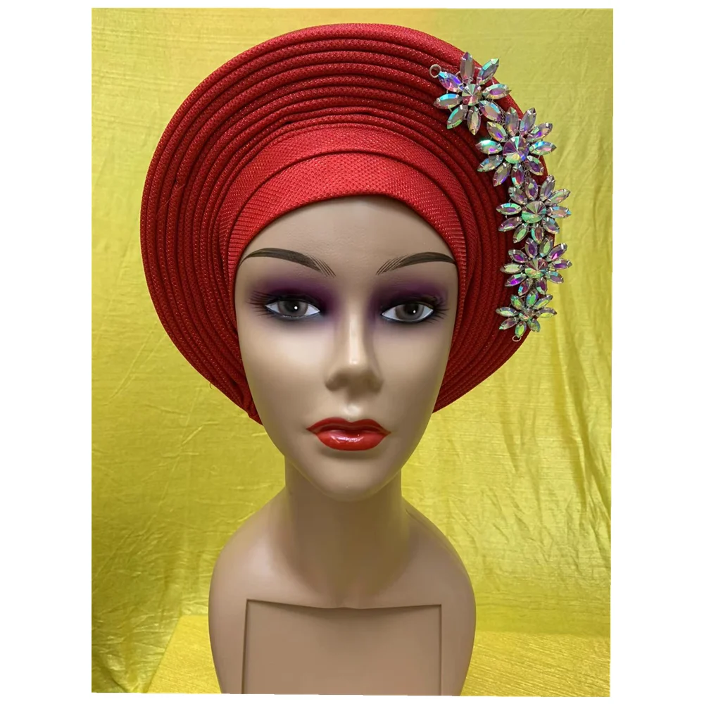 White African Turban Cap With Flower Drill  Nigeria Head Wrap Women Cap Nigerian Auto Gele Already Made Aso Oke Hat XM8-0-1