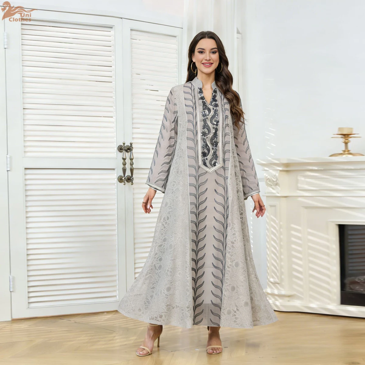 

Uni New Luxury Woman Evening Dress Dubai Embroidery Sequins Patchwork Abaya Mesh Sleeve Kaftans 2026