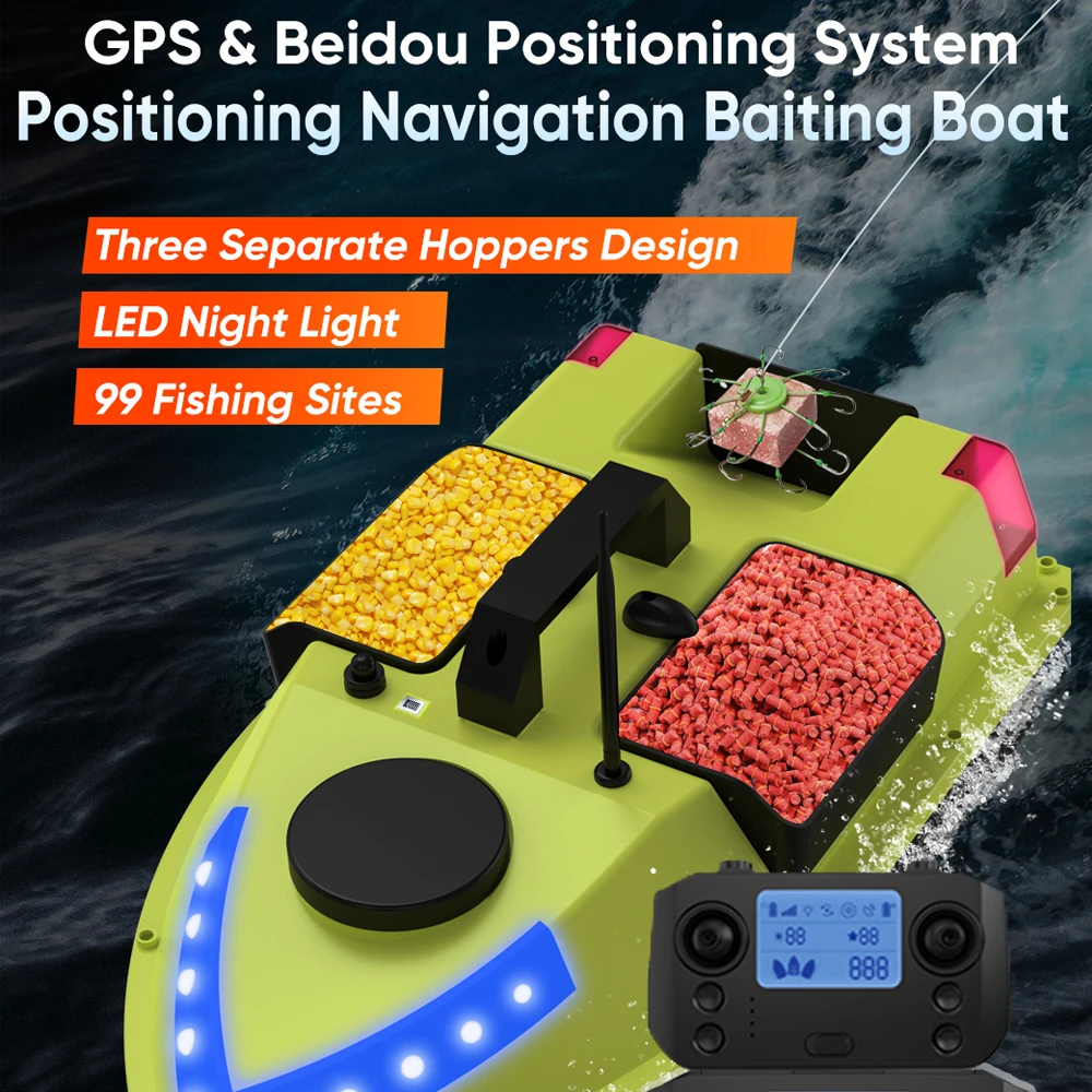 D20 GPS RC Bait Boat 600M Wireless Remote Control Fishing Bait Boat Fishing Feeder Boat with 3 Bait Containers Night LED Light