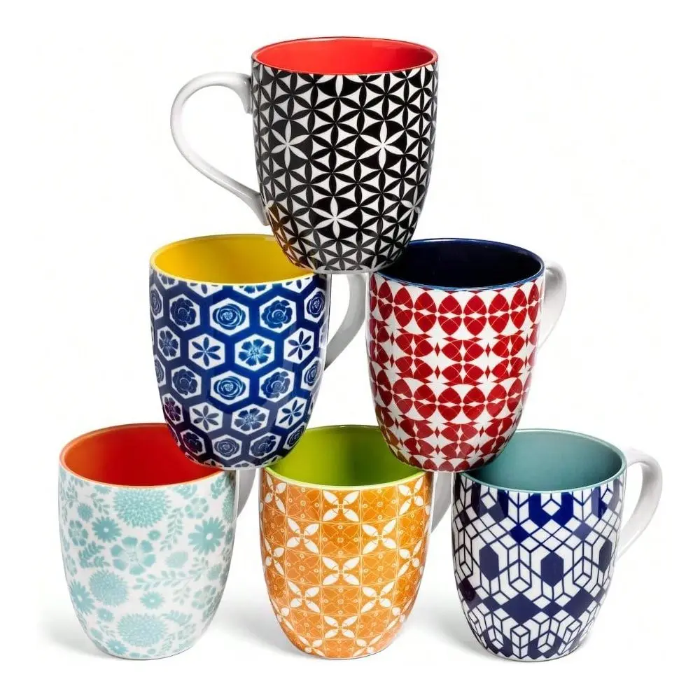 Juego de 6 tazas de café para té o chocolate caliente, tazas de porcelana con capacidad de 16 onzas líquidas, aptas para microondas y lavavajillas, resistentes a las descargas eléctricas.