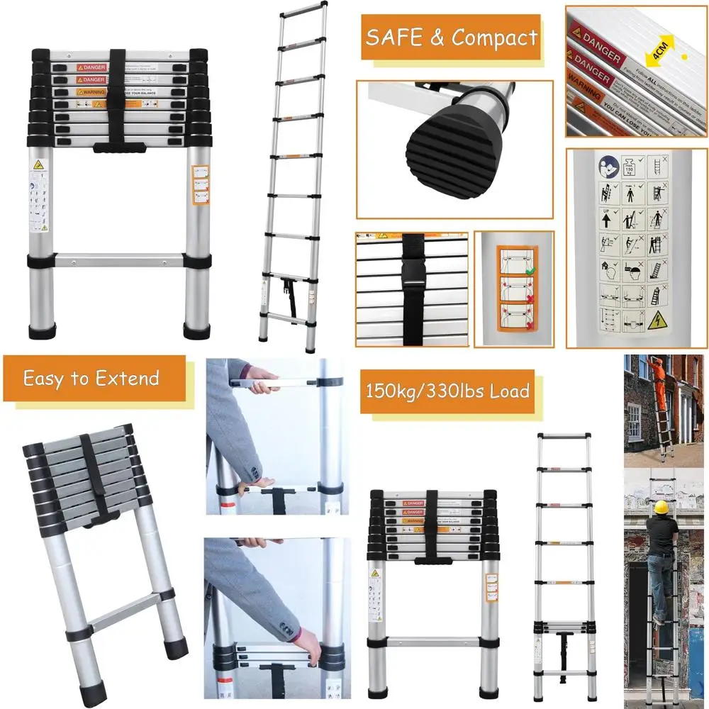 سلم تمديد ألومنيوم عالي التحمل بطول 8.5 قدم بسعة 330 رطل، معتمد من EN131، سلم تصغير محمول متعدد الأغراض لـ