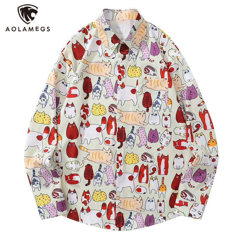 Men's Shirt Cat Print Blouse Cartoon Graffiti Loose Fit Clothes Unisex Long Sleeve Tops Colorful Turn-Down Collar Coat M-2XL