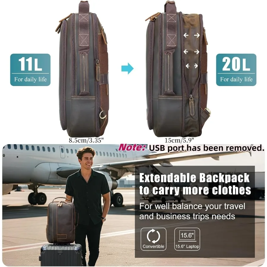 حقيبة ظهر للكمبيوتر المحمول مقاس 15.6 بوصة من Masa Kawa للرجال حقيبة ظهر قابلة للتحويل قابلة للتوسيع حقيبة ظهر كلاسيكية للعمل والسفر #3