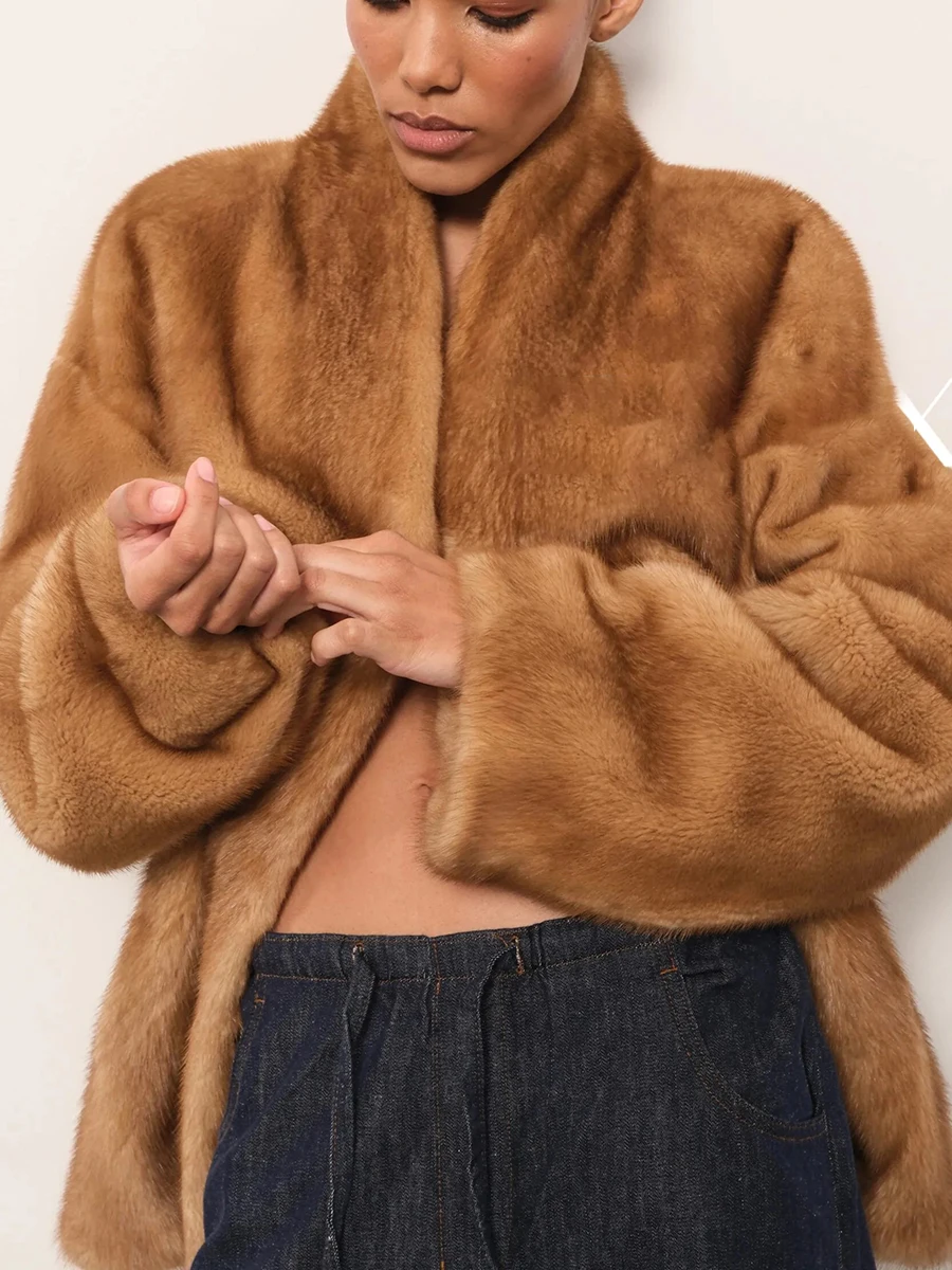 LIMO Women Faux Mink Fur Coat 2026 Winter Stand Collar Open Front Oversized Warm Luxury Outerwear