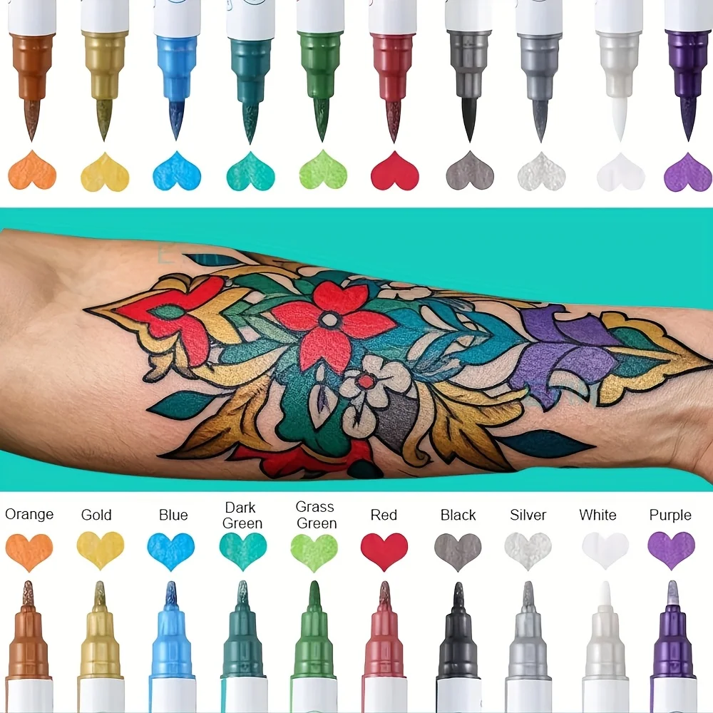 10 Color Body Paint Markers with 3 Jewelry Stickers and 10 Tattoo Stencils for Halloween Cosplay Festival Makeup