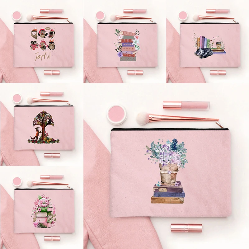 Bloemen En Boeken Print Make-Up Tas Vrouwen Canvas Cosmetische Tas Boek Liefhebbers Tas Grote Capaciteit Toilettas Etui School