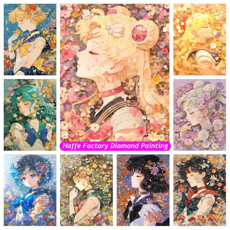 Flores marinero-luna belleza chica diamante mosaico pintura marinero Mars Hino Rei Anime punto de cruz Diy regalo hecho a mano decoración de la habitación