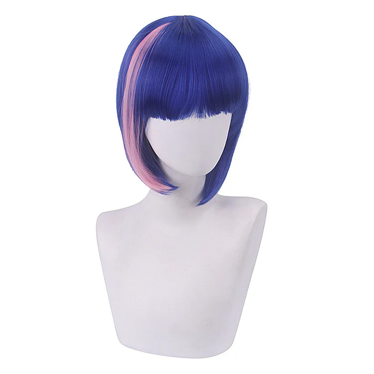 الاصطناعية الأزرق مختلط قصير شعر مستعار تأثيري لحزب الهالوين أنيمي دور اللعب زي ألياف مقاومة للحرارة الشعر