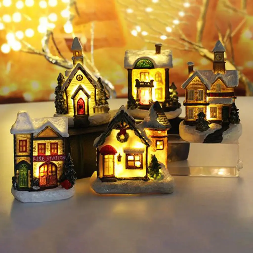 Mini House Model LED Christmas Decoration Resin Snow Village Gift Decor for Holiday Arrangements