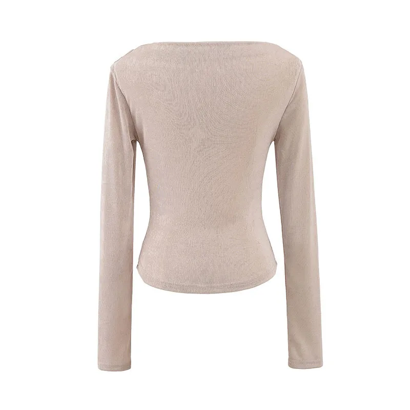 HKSH Autunno Nuove Donne Alla Moda T-Shirt Manica Lunga Pieghettato di Colore Solido Slim Fit Temperamento High Street Elegante Basic Magliette E Camicette HK10553