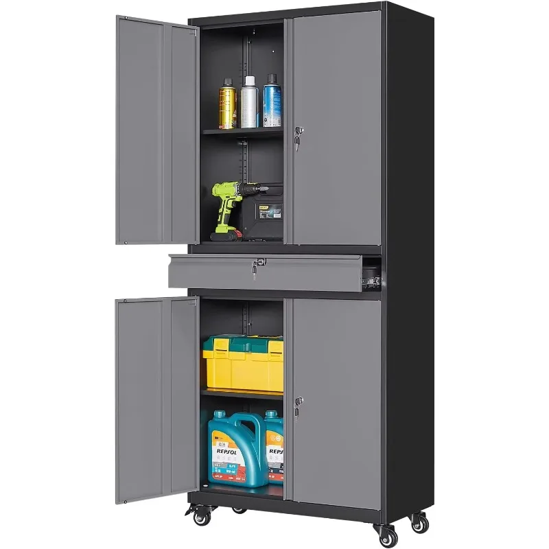 ^Rolling Metal Garage Storage Cabinet Locking Doors Adjustable Shelves Steel 73 Inches 4 Wheels 1 Drawer Office Warehouse