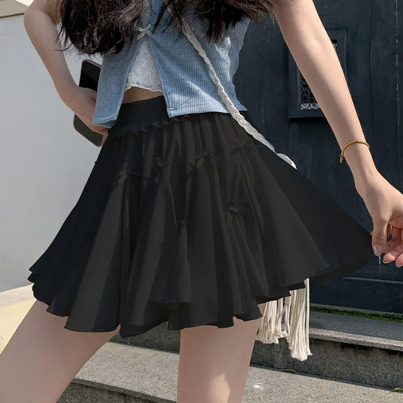 

Cute Bow Decorate Cake Skirts Women Sweet Ballet Elastic Waist Puffy Mini Skirts Girl Streetwear Anti-Glare Y2K Pleated Skirt