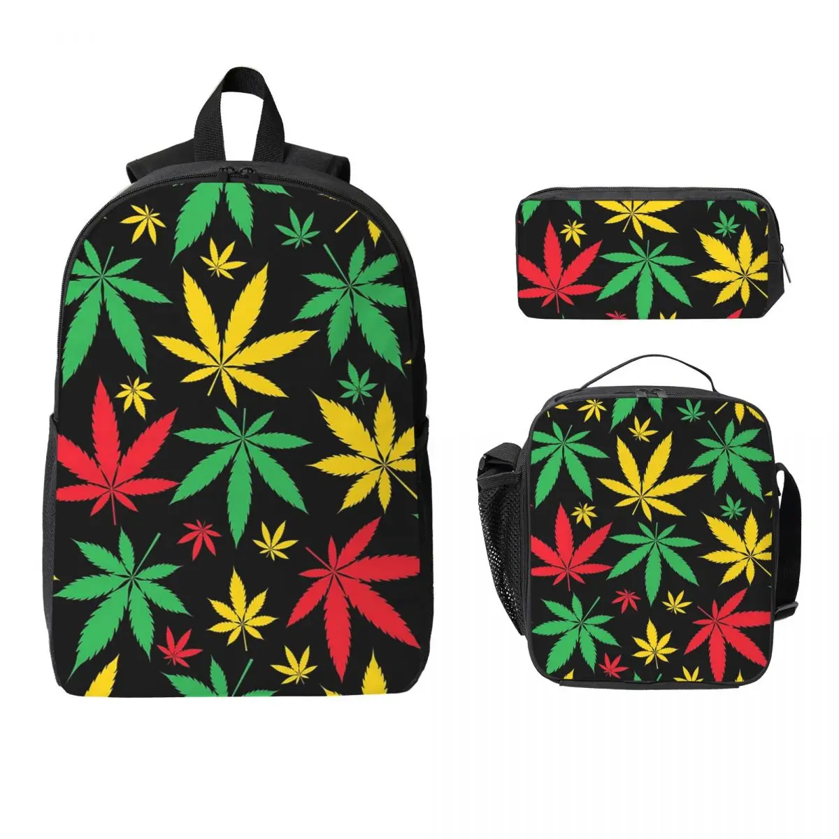 Rasta Flag Colors Leaf Cannabis Backpack Student BookBag School Bag Laptop Shoulder Bags 3ps Insulated Lunch Bag Pencil Case