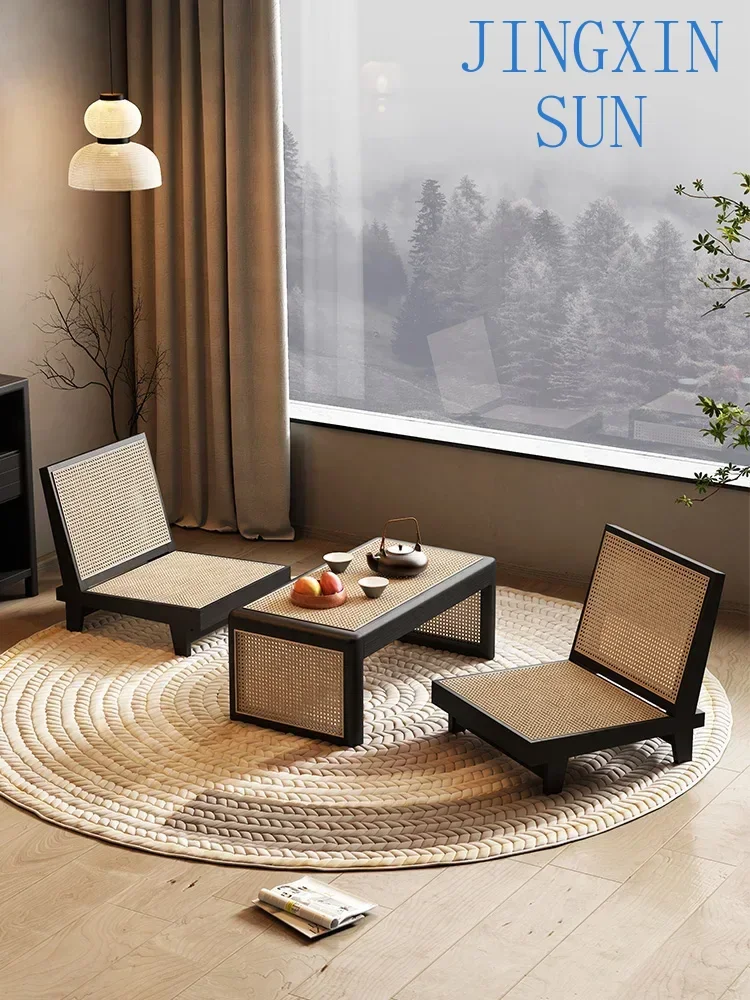 Solid wood rattan woven tatami table and chair combination balcony window single person leisure small tea table on sale
