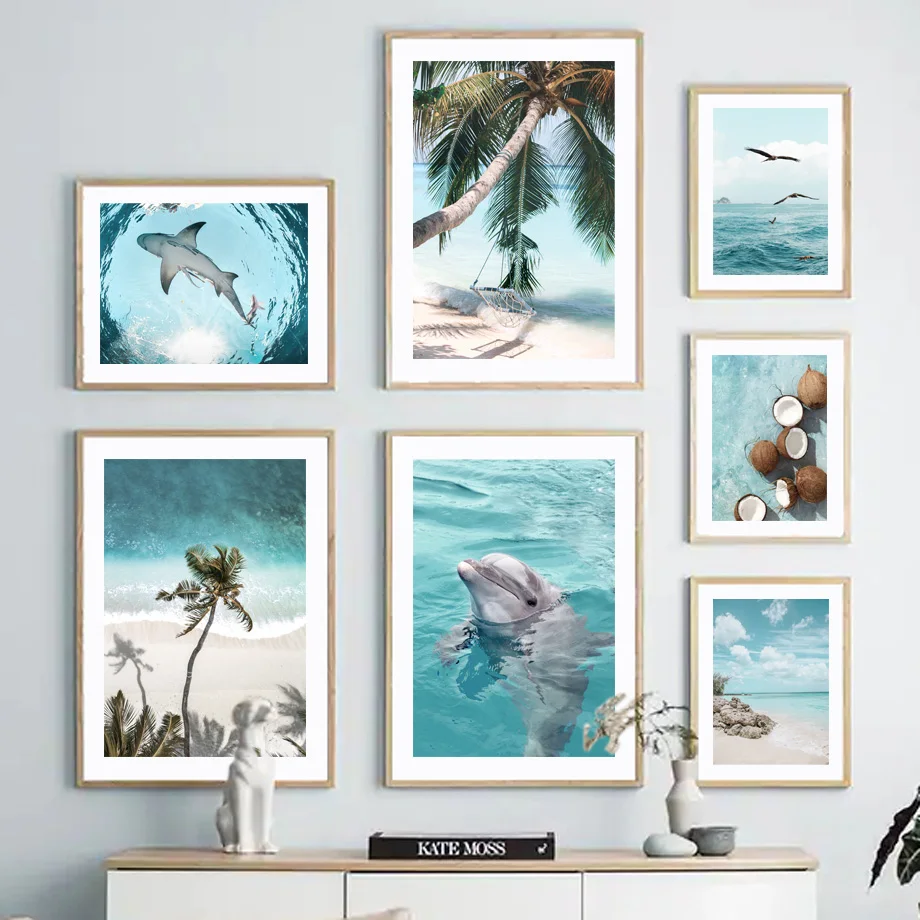 Coastal Beach Canvas Wall Art Prints Tropical Palm Tree Ocean Dolphin Scenery Poster Nautical Home Decor for Living Room Bedroom